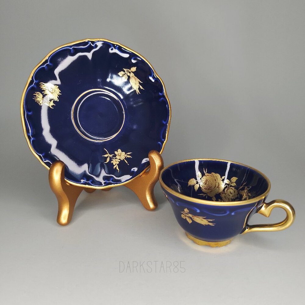 Vintage Bareuther & Co. Waldassen Bavaria Echt Cobalt Floral Teacup and Saucer